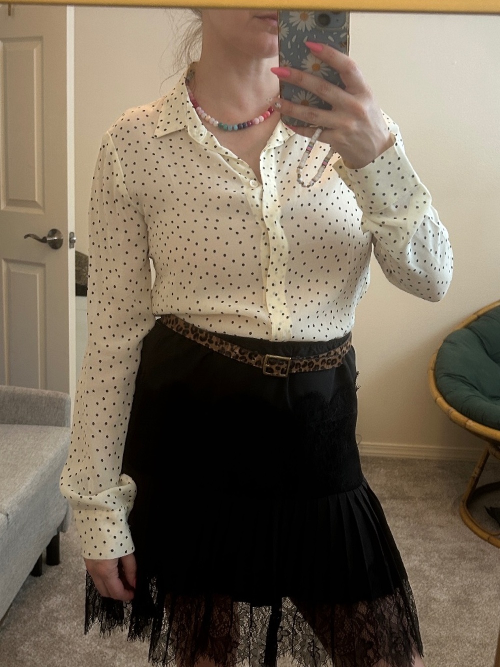 Reformation Violet Polka Dot Sheer Button Down Top in Pepper size Small